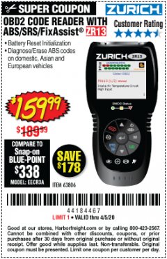Harbor Freight Coupon ZURICH OBD2 SCANNER WITH ABS ZR13 Lot No. 63806 Expired: 6/30/20 - $159.99