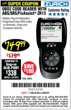 Harbor Freight Coupon ZURICH OBD2 SCANNER WITH ABS ZR13 Lot No. 63806 Expired: 6/30/20 - $149.99
