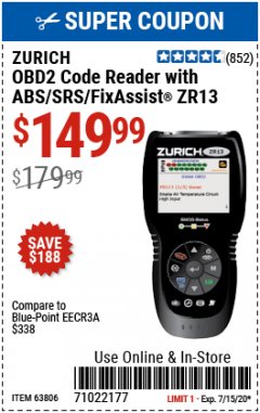 Harbor Freight Coupon ZURICH OBD2 SCANNER WITH ABS ZR13 Lot No. 63806 Expired: 7/15/20 - $149.99