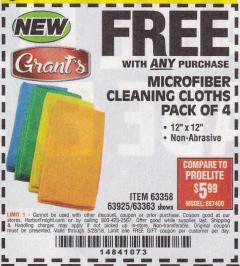 Harbor Freight FREE Coupon GRANT'S MICROFIBER CLEANING CLOTHS 12 IN. X 12 IN., 4-PACK Lot No. 63363/63358/63925 Expired: 5/28/18 - FWP