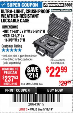 Harbor Freight Coupon ULTRA LIGHT, CRUSH PROOF, WEATHER RESISTANT LOCKABLE CASE Lot No. 63926 Expired: 5/12/19 - $22.99