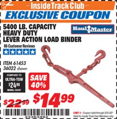 Harbor Freight ITC Coupon HEAVY DUTY LEVER ACTION LOAD BINDER Lot No. 61453 Expired: 3/31/20 - $14.99