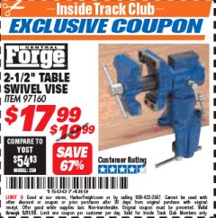 Harbor Freight ITC Coupon 2-1/2" TABLE SWIVEL VISE Lot No. 97160 Expired: 5/31/18 - $17.99