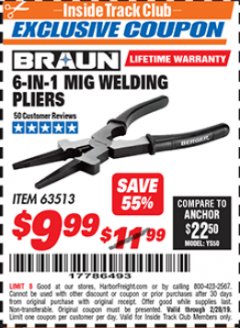 Harbor Freight ITC Coupon 6-IN-1 MIG WELDING PLIERS Lot No. 63513 Expired: 2/28/19 - $9.99