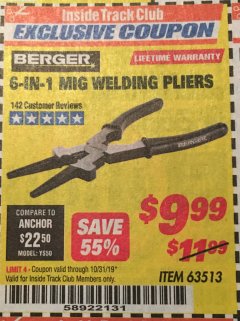 Harbor Freight ITC Coupon 6-IN-1 MIG WELDING PLIERS Lot No. 63513 Expired: 10/3/19 - $9.99