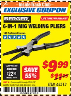 Harbor Freight ITC Coupon 6-IN-1 MIG WELDING PLIERS Lot No. 63513 Expired: 10/31/19 - $9.99