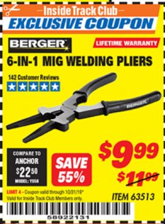 Harbor Freight ITC Coupon BERGER 8 IN. MIG WELDING PLIERS Lot No. 63513 Expired: 10/31/19 - $9.99