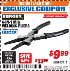 Harbor Freight ITC Coupon 6-IN-1 MIG WELDING PLIERS Lot No. 63513 Expired: 4/30/20 - $9.99