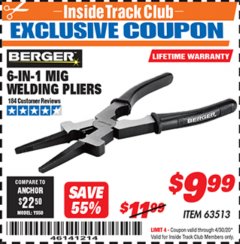 Harbor Freight ITC Coupon BERGER 8 IN. MIG WELDING PLIERS Lot No. 63513 Expired: 4/30/20 - $9.99