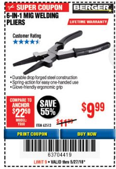 Harbor Freight Coupon 6-IN-1 MIG WELDING PLIERS Lot No. 63513 Expired: 5/27/18 - $9.99