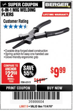 Harbor Freight Coupon 6-IN-1 MIG WELDING PLIERS Lot No. 63513 Expired: 11/4/18 - $9.99