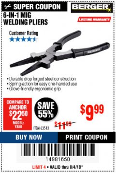 Harbor Freight Coupon BERGER 8 IN. MIG WELDING PLIERS Lot No. 63513 Expired: 8/4/19 - $9.99