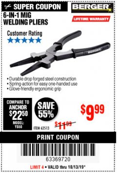 Harbor Freight Coupon BERGER 8 IN. MIG WELDING PLIERS Lot No. 63513 Expired: 10/13/19 - $9.99