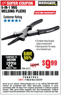 Harbor Freight Coupon 6-IN-1 MIG WELDING PLIERS Lot No. 63513 Expired: 2/23/20 - $9.99