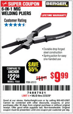 Harbor Freight Coupon BERGER 8 IN. MIG WELDING PLIERS Lot No. 63513 Expired: 2/23/20 - $9.99