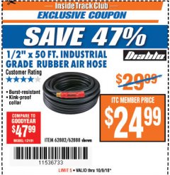 Harbor Freight ITC Coupon DIABLO 1/2" X 50 FT. INDUSTRIAL GRADE RUBBER AIR HOSE Lot No. 62882/62888 Expired: 10/9/18 - $24.99
