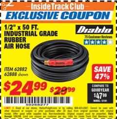 Harbor Freight ITC Coupon DIABLO 1/2" X 50 FT. INDUSTRIAL GRADE RUBBER AIR HOSE Lot No. 62882/62888 Expired: 1/31/19 - $24.99