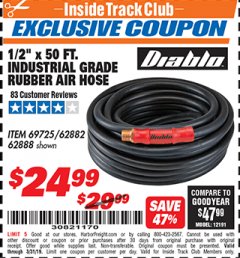 Harbor Freight ITC Coupon DIABLO 1/2" X 50 FT. INDUSTRIAL GRADE RUBBER AIR HOSE Lot No. 62882/62888 Expired: 3/31/19 - $24.99
