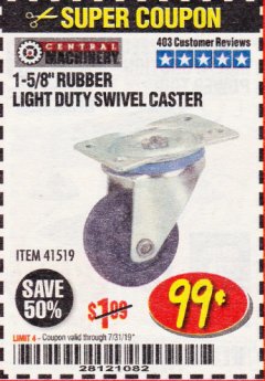 Harbor Freight Coupon 1-5/8" RUBBER LIGHT DUTY SWIVEL CASTER Lot No. 41519 Expired: 7/31/19 - $0.99