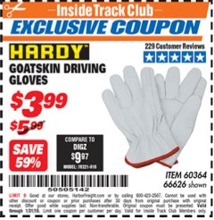 Harbor Freight ITC Coupon GOATSKIN DRIVING GLOVES Lot No. 66626 Expired: 1/31/19 - $3.99