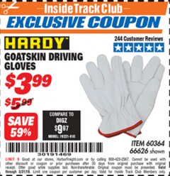 Harbor Freight ITC Coupon GOATSKIN DRIVING GLOVES Lot No. 66626 Expired: 3/31/19 - $3.99