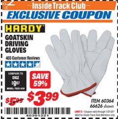 Harbor Freight ITC Coupon GOATSKIN DRIVING GLOVES Lot No. 66626 Expired: 1/31/20 - $3.99