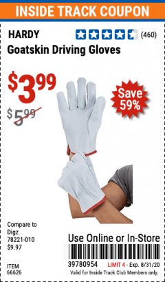 Harbor Freight ITC Coupon GOATSKIN DRIVING GLOVES Lot No. 66626 Expired: 8/31/20 - $3.99