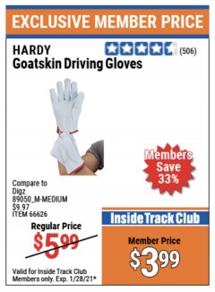 Harbor Freight ITC Coupon GOATSKIN DRIVING GLOVES Lot No. 66626 Expired: 1/28/21 - $3.99