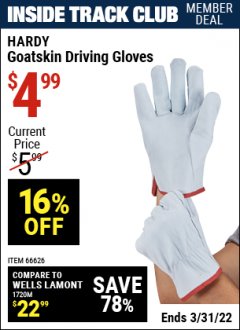 Harbor Freight ITC Coupon GOATSKIN DRIVING GLOVES Lot No. 66626 Expired: 3/31/22 - $4.99