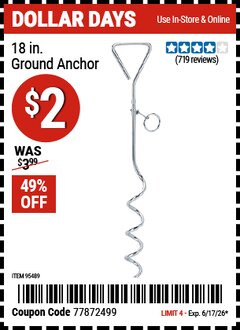 Harbor Freight Coupon 18 IN. GROUND ANCHOR Lot No. 95489 EXPIRES: 6/17/26 - $2