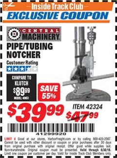 Harbor Freight ITC Coupon PIPE/TUBING NOTCHER Lot No. 42324 Expired: 6/30/18 - $39.99