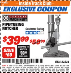 Harbor Freight ITC Coupon PIPE/TUBING NOTCHER Lot No. 42324 Expired: 9/30/18 - $39.99