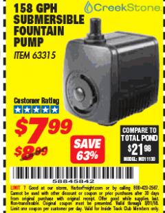 Harbor Freight ITC Coupon 158 GPH SUBMERSIBLE FOUNTAIN PUMP Lot No. 63315 Expired: 5/31/18 - $7.99