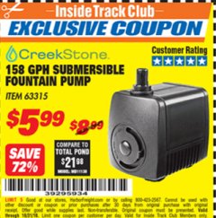 Harbor Freight ITC Coupon 158 GPH SUBMERSIBLE FOUNTAIN PUMP Lot No. 63315 Expired: 10/31/18 - $5.99