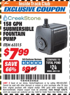 Harbor Freight ITC Coupon 158 GPH SUBMERSIBLE FOUNTAIN PUMP Lot No. 63315 Expired: 4/30/19 - $7.99