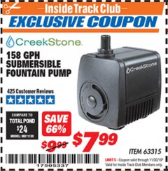 Harbor Freight ITC Coupon 158 GPH SUBMERSIBLE FOUNTAIN PUMP Lot No. 63315 Expired: 11/30/19 - $7.99