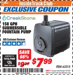 Harbor Freight ITC Coupon 158 GPH SUBMERSIBLE FOUNTAIN PUMP Lot No. 63315 Expired: 1/31/20 - $7.99
