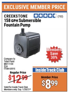Harbor Freight ITC Coupon 158 GPH SUBMERSIBLE FOUNTAIN PUMP Lot No. 63315 Expired: 1/28/21 - $8.99