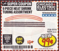 Harbor Freight Coupon 9 PIECE HEAT SHRINK TUBING ASSORTMENT Lot No. 45058/96024 Expired: 10/31/19 - $0.99