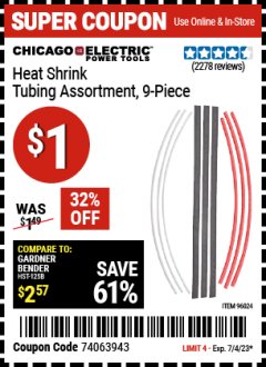 Harbor Freight Coupon 9 PIECE HEAT SHRINK TUBING ASSORTMENT Lot No. 45058/96024 Expired: 7/4/23 - $0.01