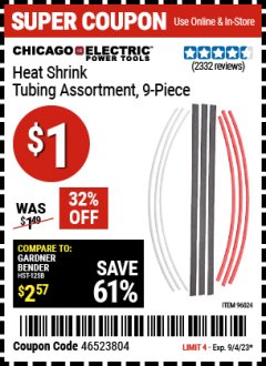 Harbor Freight Coupon 9 PIECE HEAT SHRINK TUBING ASSORTMENT Lot No. 45058/96024 Expired: 9/4/23 - $1
