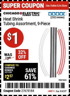 Harbor Freight Coupon 9 PIECE HEAT SHRINK TUBING ASSORTMENT Lot No. 45058/96024 Expired: 9/4/23 - $1