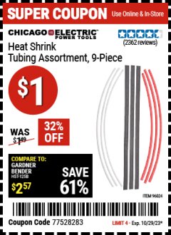 Harbor Freight Coupon 9 PIECE HEAT SHRINK TUBING ASSORTMENT Lot No. 45058/96024 Expired: 10/29/23 - $1