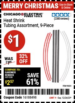 Harbor Freight Coupon 9 PIECE HEAT SHRINK TUBING ASSORTMENT Lot No. 45058/96024 Expired: 12/24/23 - $1