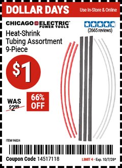 Harbor Freight Coupon CHICAGO ELECTRIC HEAT-SHRINK TUBING ASSORTMENT, 9-PIECE Lot No. 96024 Valid Thru: 10/7/26 - $1