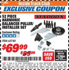 Harbor Freight ITC Coupon 52 PIECE HARMONIC BALANCER PULLER/INSTALLER SET Lot No. 63740 Expired: 6/30/18 - $69.99