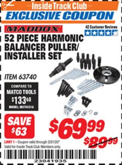 Harbor Freight ITC Coupon 52 PIECE HARMONIC BALANCER PULLER/INSTALLER SET Lot No. 63740 Expired: 3/31/20 - $69.99