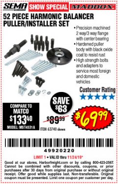 Harbor Freight Coupon 52 PIECE HARMONIC BALANCER PULLER/INSTALLER SET Lot No. 63740 Expired: 11/24/19 - $69.99