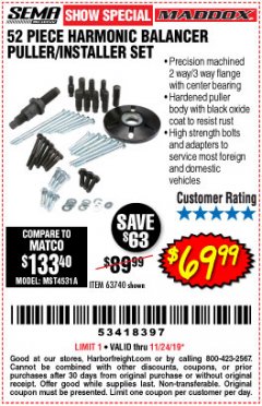 Harbor Freight Coupon 52 PIECE HARMONIC BALANCER PULLER/INSTALLER SET Lot No. 63740 Expired: 11/24/19 - $69.99