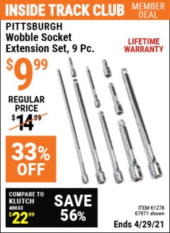 Harbor Freight ITC Coupon 9 PIECE 1/4", 3/8", AND 1/2" DRIVE WOBBLE SOCKET EXTENSIONS Lot No. 67971/61278 Expired: 4/29/21 - $9.99